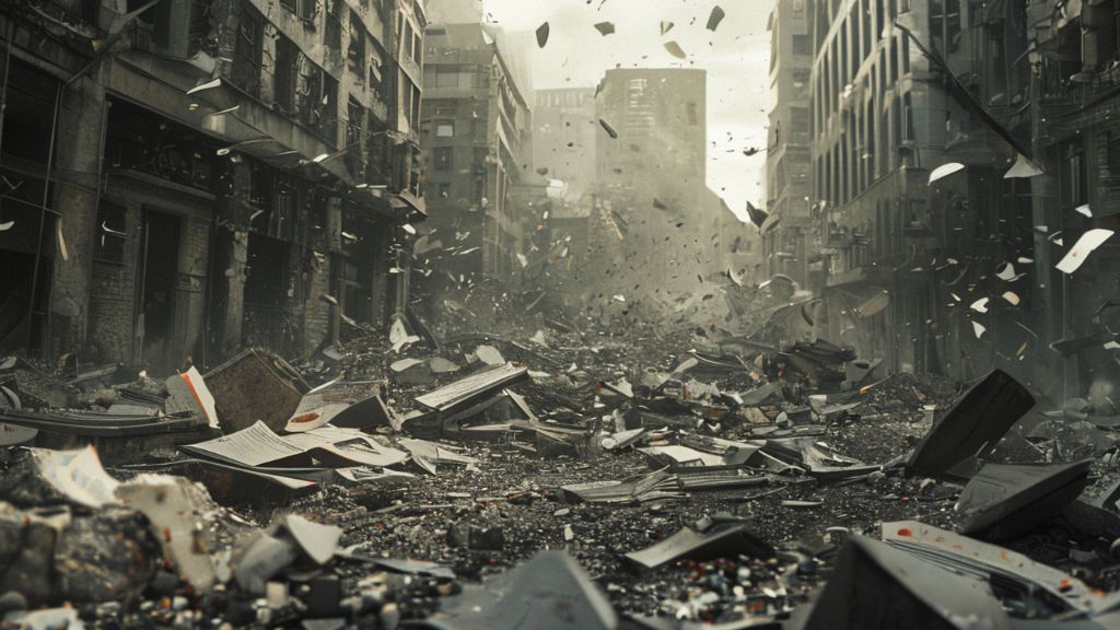 A chaotic scene of a city in disarray, with broken laws and a sense of anarchy. Rubble and scattered papers are on the ground, and buildings appear neglected.