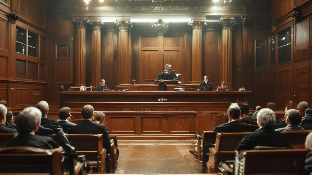 A courtroom scene with a judge and jury, symbolizing justice and judgment.